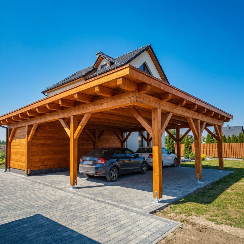 Masywna wiata samochodowa z litego drewna - realizacja Dzik Wood na Pomorzu